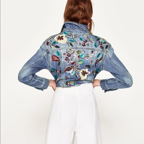 Zara Jackets & Blazers - Zara Floral Sequin Cropped Denim Jean Jacket XS